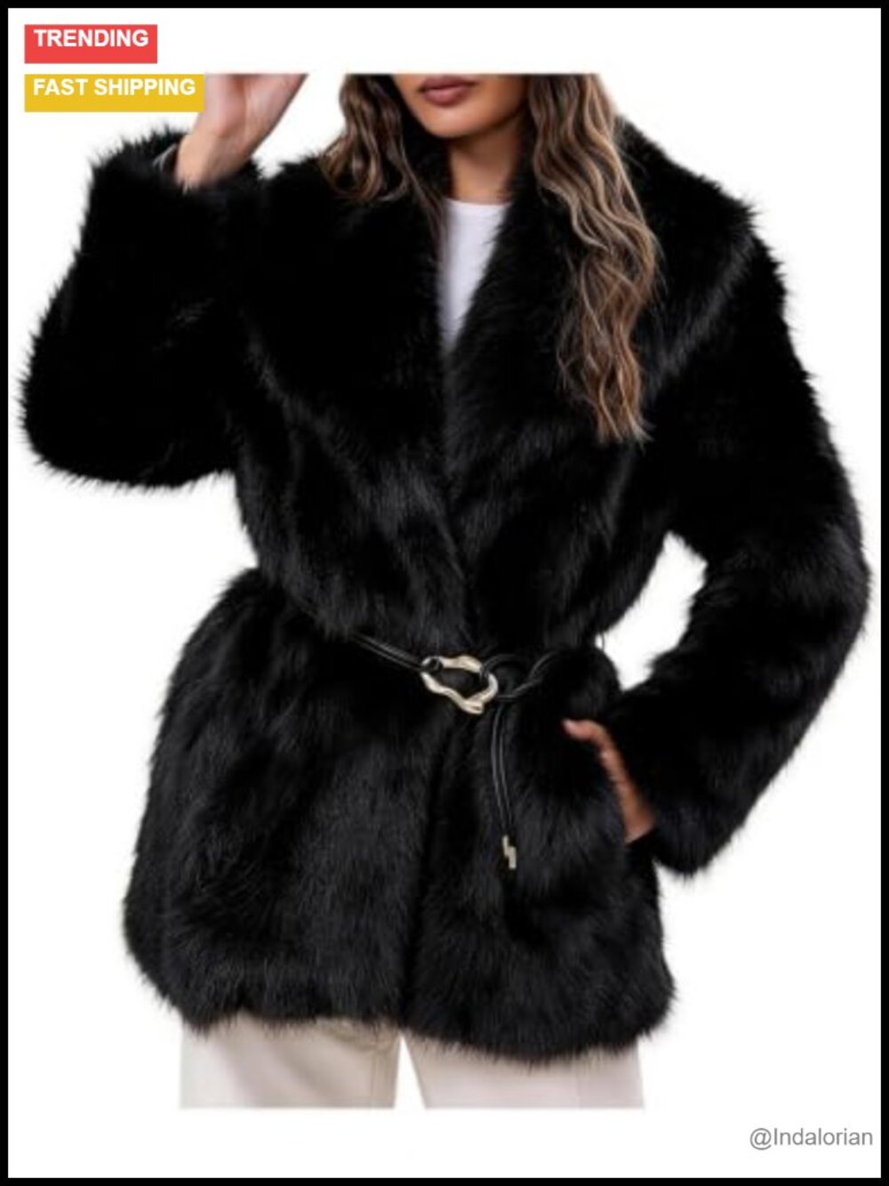 Faux Fur Coat Womens Belted Mid Long Shaggy Jacket Snap Front